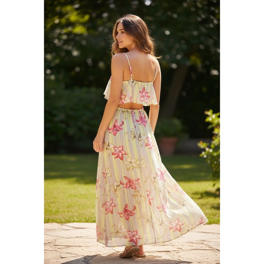 Gianni bini yellow Pink floral Lily Long‎ dress SZ XS Boho Chic  Flowy Open Back